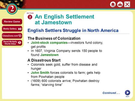 English Settlers Struggle in North America The Business of Colonization Joint-stock companies—investors fund colony, get profits In 1607, Virginia Company.