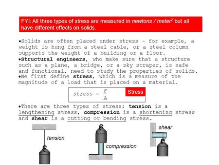  Solids are often placed under stress - for example, a weight is hung from a steel cable, or a steel column supports the weight of a building or a floor.