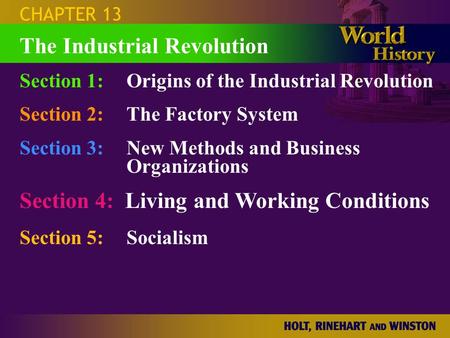 CHAPTER 13 Section 1:Origins of the Industrial Revolution Section 2:The Factory System Section 3:New Methods and Business Organizations Section 4: Living.