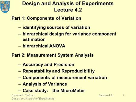 Diploma in Statistics Design and Analysis of Experiments Lecture 4.21 Design and Analysis of Experiments Lecture 4.2 Part 1: Components of Variation –identifying.