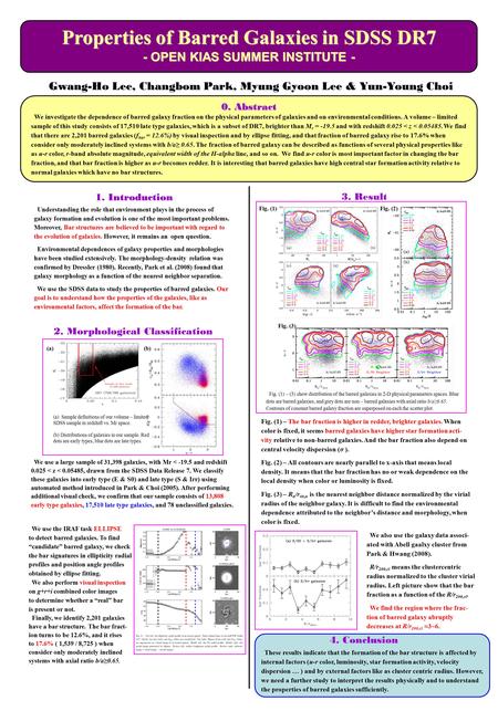 Properties of Barred Galaxies in SDSS DR7 - OPEN KIAS SUMMER INSTITUTE - Gwang-Ho Lee, Changbom Park, Myung Gyoon Lee & Yun-Young Choi 0. Abstract We investigate.