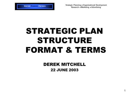 V ENTURE P LANNING P ARTNERS Strategic Planning  Organizational Development Research  Marketing  Advertising 1 STRATEGIC PLAN STRUCTURE FORMAT & TERMS.