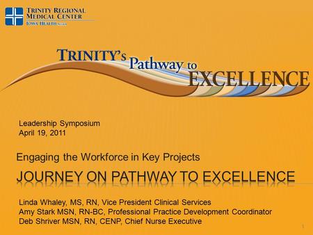 Engaging the Workforce in Key Projects Leadership Symposium April 19, 2011 Linda Whaley, MS, RN, Vice President Clinical Services Amy Stark MSN, RN-BC,