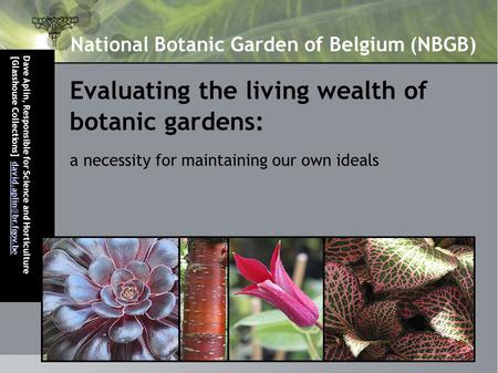 Evaluating the living wealth of botanic gardens: a necessity for maintaining our own ideals National Botanic Garden of Belgium (NBGB) Dave Aplin, Responsible.