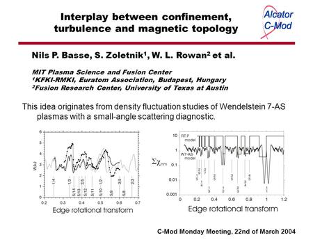 Interplay between confinement, turbulence and magnetic topology Nils P. Basse, S. Zoletnik 1, W. L. Rowan 2 et al. MIT Plasma Science and Fusion Center.