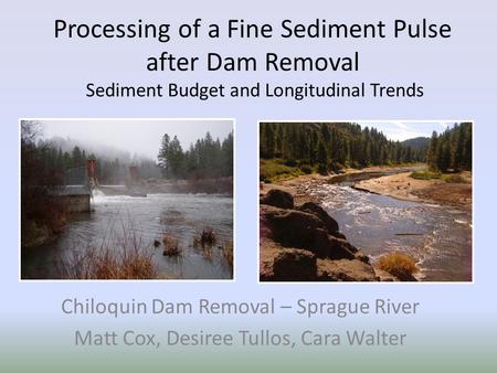 Processing of a Fine Sediment Pulse after Dam Removal Sediment Budget and Longitudinal Trends Chiloquin Dam Removal – Sprague River Matt Cox, Desiree Tullos,