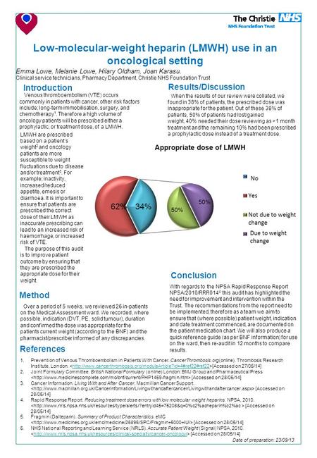 Low-molecular-weight heparin (LMWH) use in an oncological setting Emma Lowe, Melanie Lowe, Hilary Oldham, Joan Karasu. Clinical service technicians, Pharmacy.