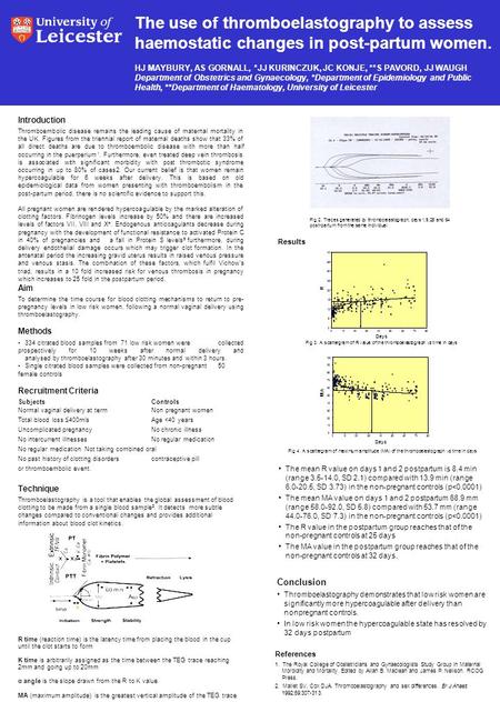 The use of thromboelastography to assess haemostatic changes in post-partum women. HJ MAYBURY, AS GORNALL, *JJ KURINCZUK, JC KONJE, **S PAVORD, JJ WAUGH.