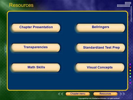 Copyright © by Holt, Rinehart and Winston. All rights reserved. ResourcesChapter menu Chapter Presentation Bellringers Transparencies Standardized Test.