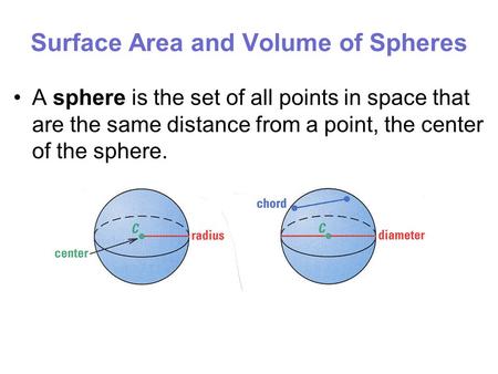 Surface Area and Volume of Spheres A sphere is the set of all points in space that are the same distance from a point, the center of the sphere.