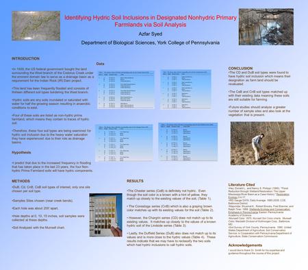 Identifying Hydric Soil Inclusions in Designated Nonhydric Primary Farmlands via Soil Analysis Azfar Syed Department of Biological Sciences, York College.