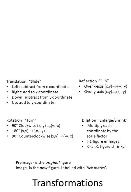 Transformations Translation “Slide” Left: subtract from x-coordinate Right: add to x-coordinate Down: subtract from y-coordinate Up: add to y-coordinate.