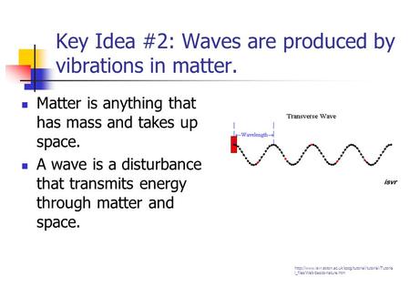 Key Idea #2: Waves are produced by vibrations in matter. Matter is anything that has mass and takes up space. A wave is a disturbance that transmits energy.