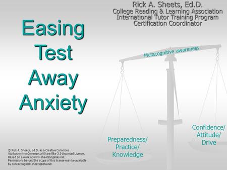 Metacognitive awareness Preparedness/ Practice/ Knowledge Confidence/ Attitude/ Drive Easing Test Away Anxiety Rick A. Sheets, Ed.D. College Reading &