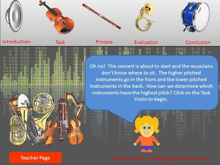 Introduction Task Process Evaluation Conclusion Oh no! The concert is about to start and the musicians don’t know where to sit. The higher pitched instruments.