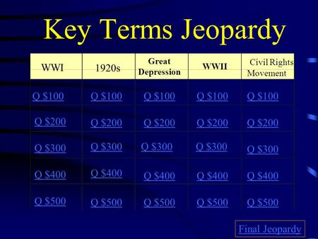 Key Terms Jeopardy WWI 1920s Great Depression WWII Civil Rights Movement Q $100 Q $200 Q $300 Q $400 Q $500 Q $100 Q $200 Q $300 Q $400 Q $500 Final Jeopardy.