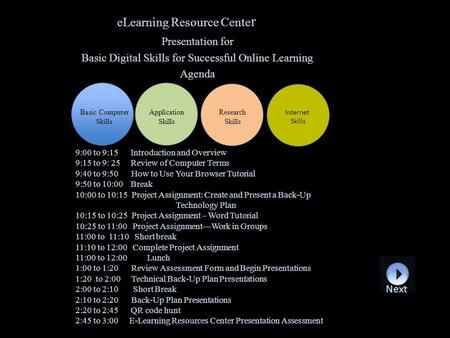 ELearning Resource Cente r Presentation for Basic Digital Skills for Successful Online Learning Agenda Basic Computer Skills Application Skills Research.