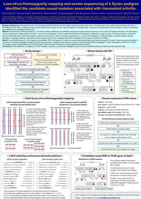 Loss-of-co-Homozygosity mapping and exome sequencing of a Syrian pedigree identified the candidate causal mutation associated with rheumatoid arthritis.