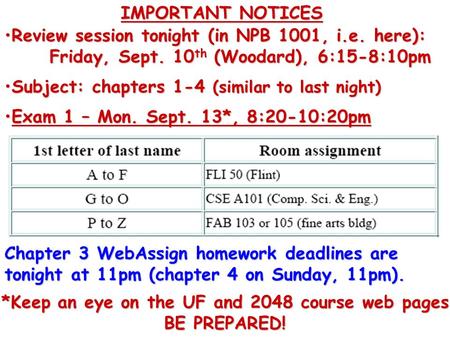 Review session tonight (in NPB 1001, i.e. here):Review session tonight (in NPB 1001, i.e. here): Friday, Sept. 10 th (Woodard), 6:15-8:10pm Subject: chapters.