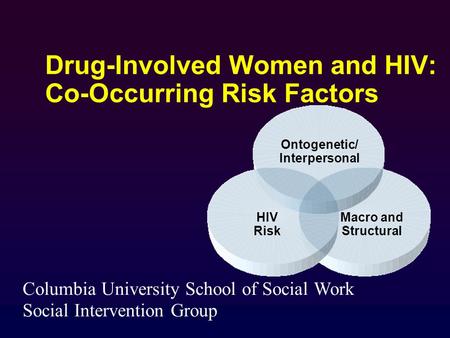 Drug-Involved Women and HIV: Co-Occurring Risk Factors Ontogenetic/ Interpersonal HIV Risk Macro and Structural Columbia University School of Social Work.