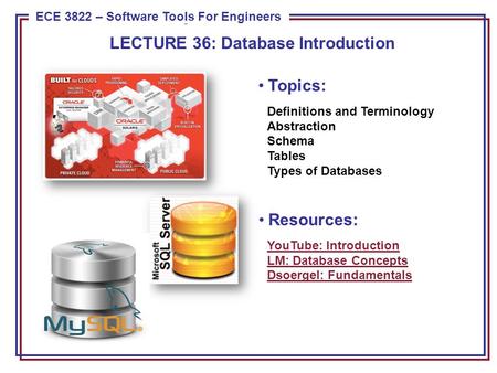 ECE 8443 – Pattern Recognition ECE 3822 – Software Tools For Engineers Topics: Definitions and Terminology Abstraction Schema Tables Types of Databases.