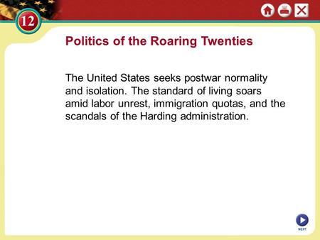 Politics of the Roaring Twenties The United States seeks postwar normality and isolation. The standard of living soars amid labor unrest, immigration quotas,