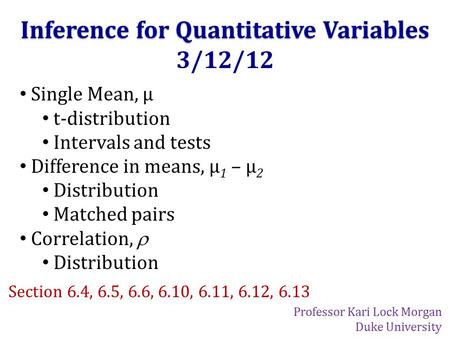 Inference for Quantitative Variables 3/12/12 Single Mean, µ t-distribution Intervals and tests Difference in means, µ 1 – µ 2 Distribution Matched pairs.