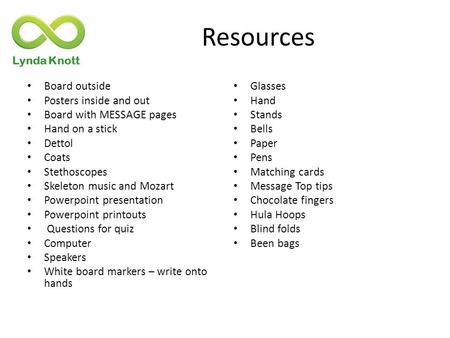 Lynda Knott Resources Board outside Posters inside and out Board with MESSAGE pages Hand on a stick Dettol Coats Stethoscopes Skeleton music and Mozart.