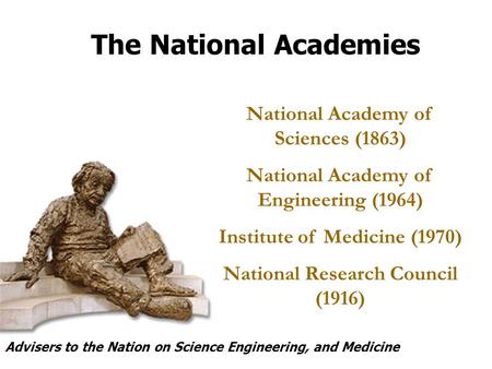 National Academy of Sciences (1863) National Academy of Engineering (1964) Institute of Medicine (1970) National Research Council (1916) The National Academies.