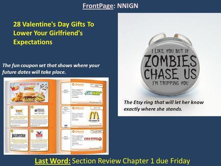 FrontPage: NNIGN Last Word: Section Review Chapter 1 due Friday The fun coupon set that shows where your future dates will take place. The Etsy ring that.