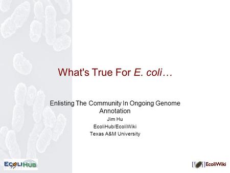 What's True For E. coli… Enlisting The Community In Ongoing Genome Annotation Jim Hu EcoliHub/EcoliWiki Texas A&M University.