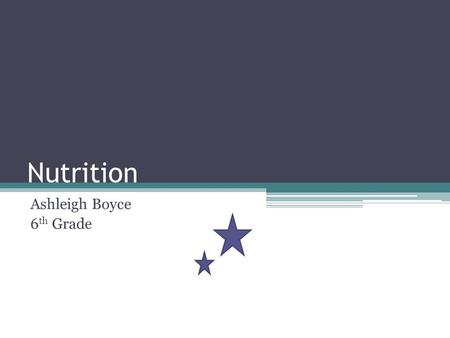 Nutrition Ashleigh Boyce 6 th Grade. What is Nutrition? “the sum total of the processes involved in the taking in and the utilization of food substances.