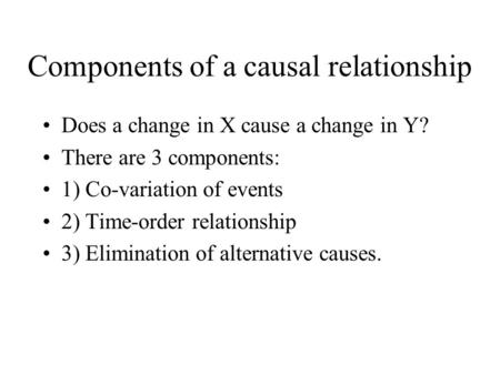 Components of a causal relationship Does a change in X cause a change in Y? There are 3 components: 1) Co ‑ variation of events 2) Time ‑ order relationship.