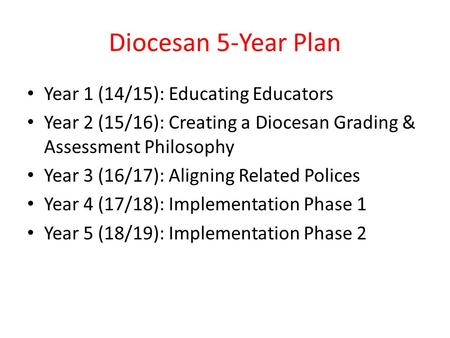 Diocesan 5-Year Plan Year 1 (14/15): Educating Educators Year 2 (15/16): Creating a Diocesan Grading & Assessment Philosophy Year 3 (16/17): Aligning Related.