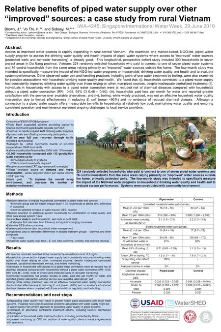 Relative benefits of piped water supply over other “improved” sources: a case study from rural Vietnam Brown, J.*, Vo Thi, H.**, and Sobsey, M.*** *Corresponding.