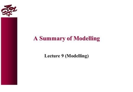 A Summary of Modelling Lecture 9 (Modelling). Modelling Techniques lConstructors:  Parametric and subdivision surfaces, CSG, blobby objects, surfaces.