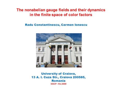 The nonabelian gauge fields and their dynamics in the finite space of color factors Radu Constantinescu, Carmen Ionescu University of Craiova, 13 A. I.