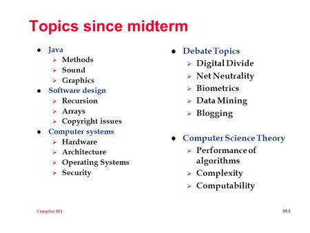 CompSci 001 18.1 Topics since midterm l Java  Methods  Sound  Graphics l Software design  Recursion  Arrays  Copyright issues l Computer systems.