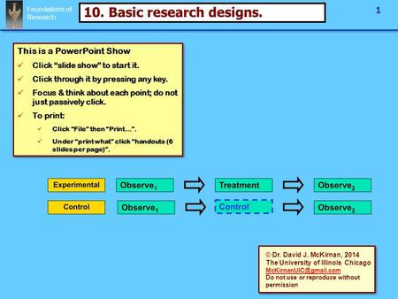 Foundations of Research 1 10. Basic research designs. This is a PowerPoint Show Click “slide show” to start it. Click through it by pressing any key. Focus.