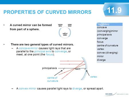 A curved mirror can be formed from part of a sphere. There are two general types of curved mirrors. –A concave mirror causes light rays that are parallel.