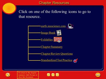 To return to the chapter summary click Escape or close this document. Chapter Resources Click on one of the following icons to go to that resource. earth.msscience.com.