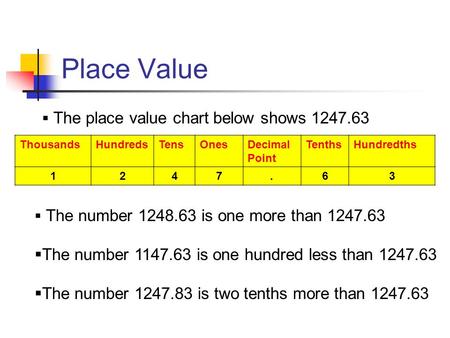 Place Value ThousandsHundredsTensOnesDecimal Point TenthsHundredths 1247.63  The place value chart below shows 1247.63  The number 1248.63 is one more.