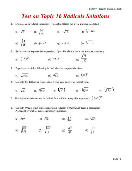 Test on Topic 16 Radicals Solutions