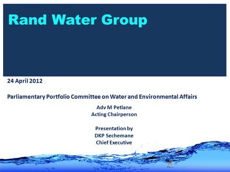 4/26/12 Rand Water Group 24 April 2012 Parliamentary Portfolio Committee on Water and Environmental Affairs Adv M Petlane Acting Chairperson Presentation.