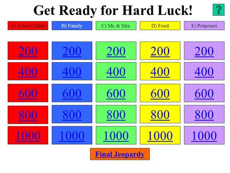 Get Ready for Hard Luck! 200 400 600 800 1000 200 400 600 800 1000 200 400 600 800 1000 200 400 600 800 1000 200 400 600 800 1000 A) School MatesB) FamilyC)