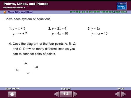 1-2 (For help, go to the Skills Handbook, page 722.) 1. y = x + 52. y = 2x – 4 3. y = 2x y = –x + 7 y = 4x – 10 y = –x + 15 4. Copy the diagram of the.