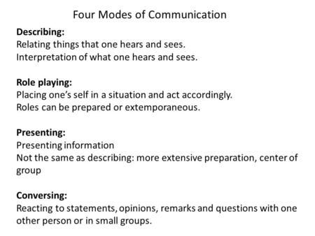 Describing: Relating things that one hears and sees. Interpretation of what one hears and sees. Role playing: Placing one’s self in a situation and act.