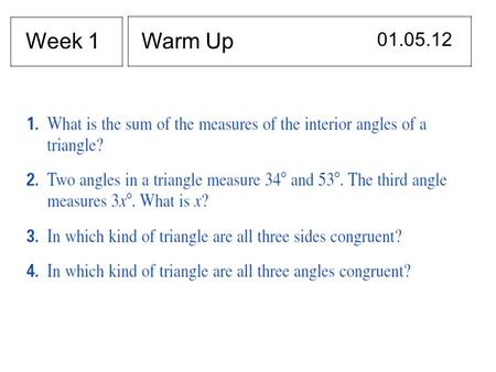 Warm Up 01.05.12 Week 1. Section 6.1 Day 1 I will identify, name, and describe polygons. Ex 1 PolygonHas three or more sides that connect at endpoints.