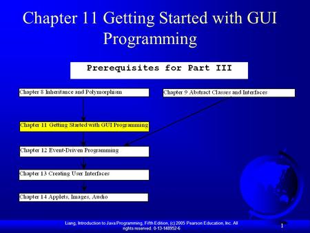 Liang, Introduction to Java Programming, Fifth Edition, (c) 2005 Pearson Education, Inc. All rights reserved. 0-13-148952-6 1 Chapter 11 Getting Started.