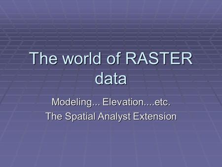 The world of RASTER data Modeling... Elevation....etc. The Spatial Analyst Extension.